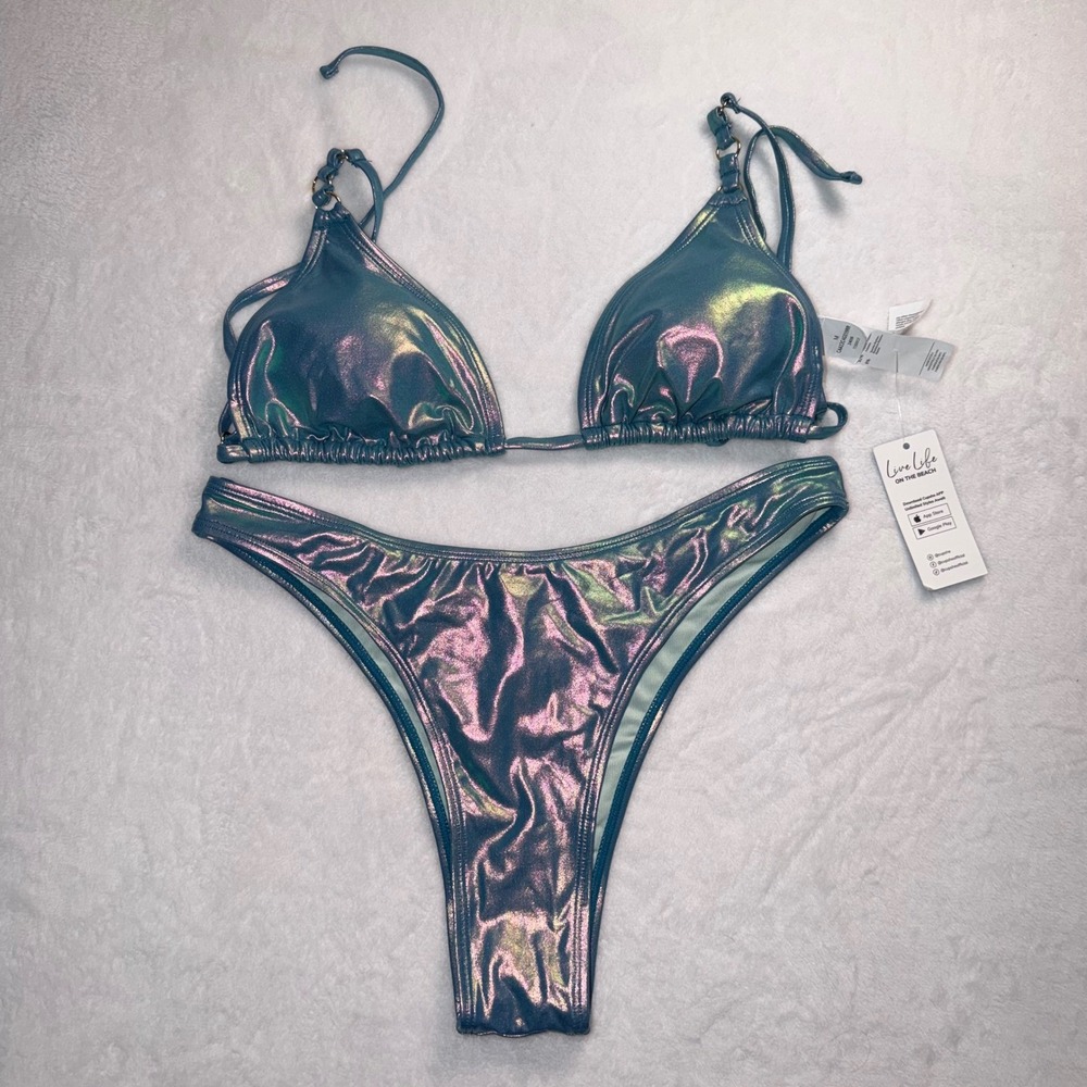 Cupshe Womens Holographic Iridescent Bikini Set Blue Teal Metallic Padded M NEW - Picture 2 of 9